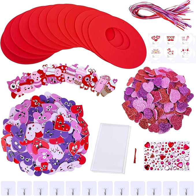 Winlyn 12 Sets Valentine's Day Craft Kits Heart Crafts DIY Heart Wreath Ornaments Decorations Art Sets Foam Smile Heart Stickers for Kids Valentine's Day Party Classroom Activities Gift Exchange