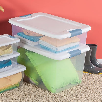 Sterilite 18-Pack Latching Box, Under Bed Storage Bins with Lids, Clear Plastic, 32 Quart - Heavy-Duty Organizing Containers for Closet, Bathroom, and Office