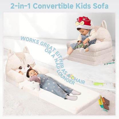 MONKISS 2-in-1 Toddler Couch Chairs Comfy, Kids Chair Couch, Mini Couch, Flip Out Sherpa Kids Sofa, Baby Couch, Chair for Toddlers 1-3, Kids Lounge Chair Reading Chair, Kids Couch Bed Fold Out, Cat