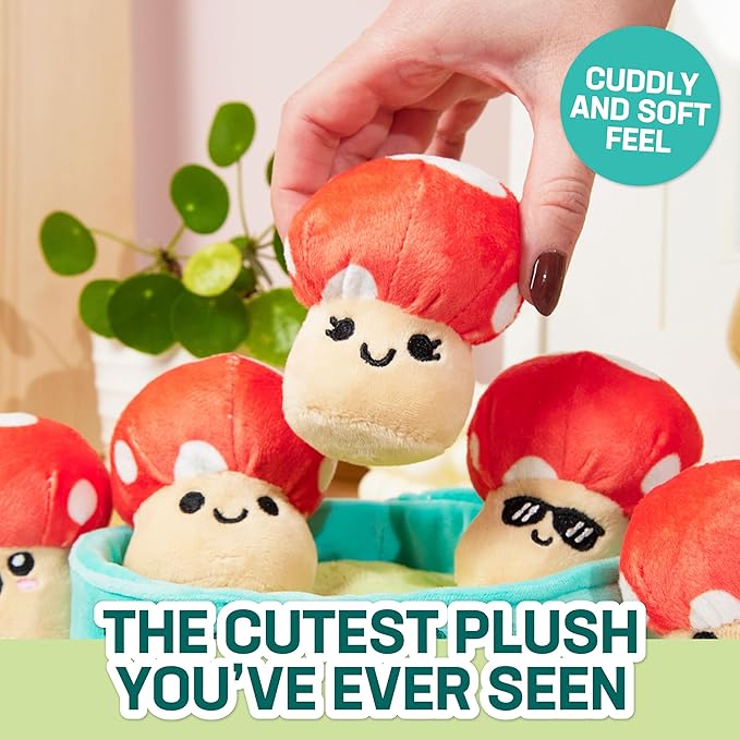 Emotional Support Mushrooms by Relatable, Cuddly Stuffed Animals and Toys, Squishy Toys and Plushies, Great Gift Ideas for Loved Ones of All Ages, Includes 5 Mushroom Plushies with Carrying Basket
