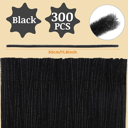 Zlulary 300 PCS Black Pipe Cleaners, Pipe Cleaners for Hair, Pipe Cleaner Crafts Fluff Fuzzy Stick Pipe Cleaners Bulk for Wig Weaving DIY Halloween Decorations