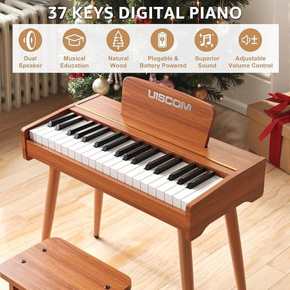 Kids Keyboard Piano, 37 Keys Digital Piano, Toddler Musical Instruments, Wooden Kids Piano with Bench, Toddler Piano for 3+ Girls and Boys, Brown