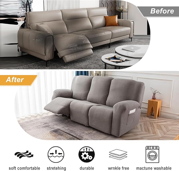Genina Recliner Cover Stretch Couch Covers, Sofa slipcover for Reclining Couch Thick Jacquard Furniture Protector Washable (Light Grey, 3 Seat)