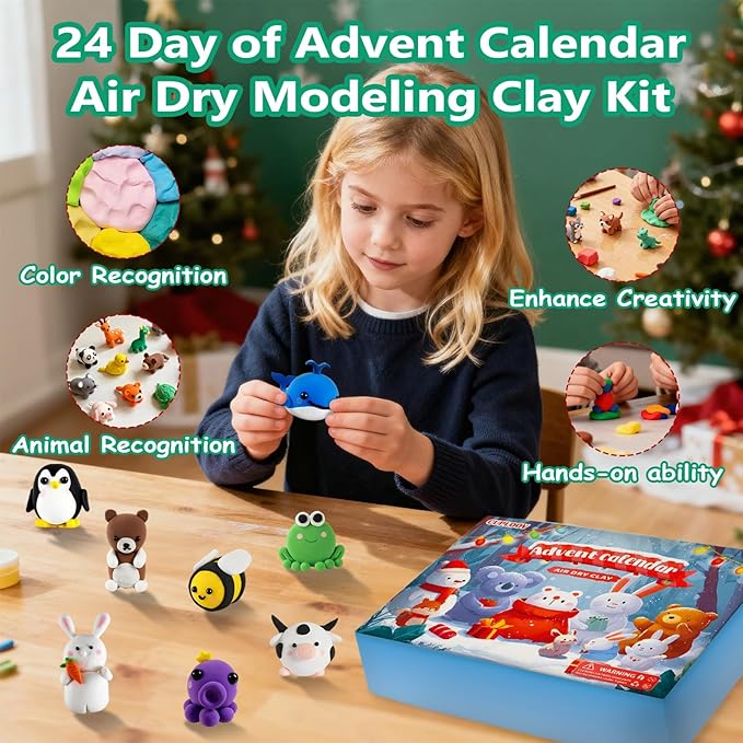 Advent Calendars 2025 Kids, 24 Days Christmas Countdown Calendars DIY Air Dry Modeling Clay for Kids, Assorted Colors Polymer Clay Kit with Sculpture Tools, Best Christmas Gifts for Chidren Boys Girls