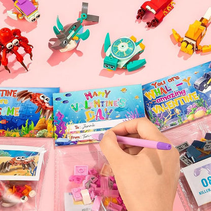24 Pack Valentine Gifts for Kids 8-12, Marine Animal Building Blocks Kit with Gift Cards for Kids School Classroom, Party Favors Exchange for Boy Girl, Kid Valentine Basket Stuffers Egg Filler