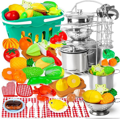 95PCS Kids Pretend Play Kitchen Toys Accessories,Kids Kitchen Playset,Stainless Steel Cookware Pots and Pans Cooking Toys,Pretend Cutting Play Food Set for Kid Kitchen