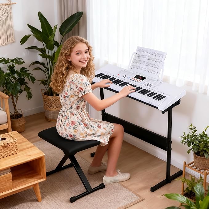 ZENY 61-Key Portable Electric Keyboard Piano with Built In Speakers, LED Screen, Headphones, Microphone, Piano Stand, Music Sheet Stand and Stool (White)