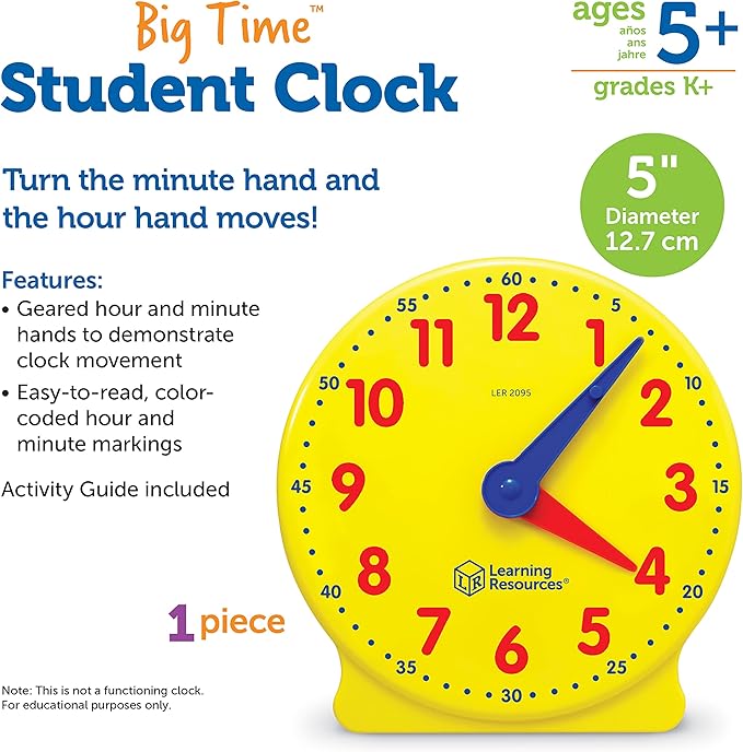 Learning Resources Big Time Student Clock, Teaching & Demonstration Clock, Develops Time and Early Math Skills, Ages 5+, Clock for Learning, 12 Hour,Back to School Gifts