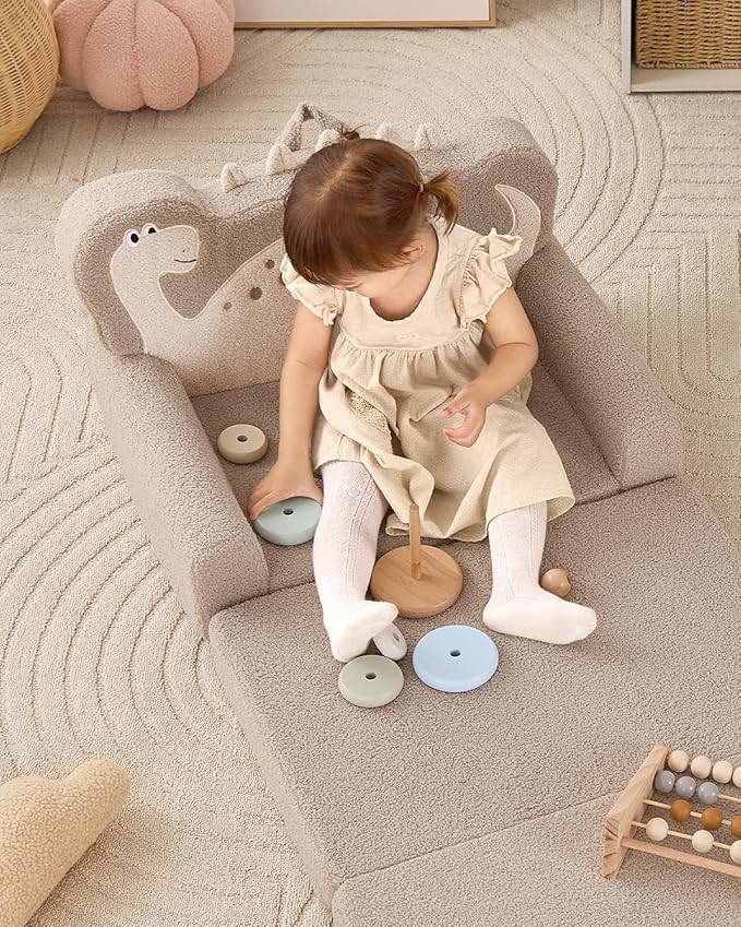 Blissful Diary Kids Couch, 2-in-1 Soft Toddler Couch Fold Out, Toddler Chair Comfy, Convertible Sofa to Lounger with Cute Dinosaur Designs, Pale Khaki