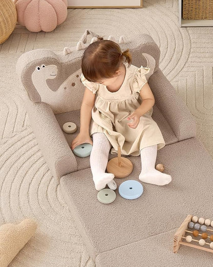 Blissful Diary Kids Couch, 2-in-1 Soft Toddler Couch Fold Out, Toddler Chair Comfy, Convertible Sofa to Lounger with Cute Dinosaur Designs, Pale Khaki