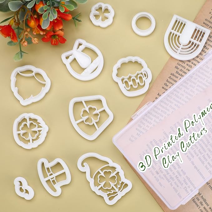 Puocaon St. Patrick's Hat Clay Cutters - Polymer Clay Cutters for Earrings Making, Lucky Horseshoe & Clover Set