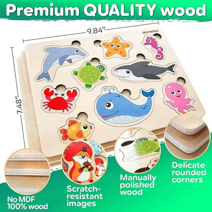 QUOKKA Wooden Puzzles for Toddlers Ages 1-3-5 – Animal Peg Puzzles for Kids 2-4 Years Old – Set of 3 Wood Learning Travel Toys for Children – Gift Educational Game for Boys and Girls