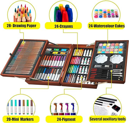 KINSPORY Art Supplies, 139 Pack Painting Drawing Art Kit with 2 Sketch Pads, Deluxe Double Layers Art Set Crafts, Colored Pencils, Oil Pastels, Watercolor Paints, Gift for Artists Kids (Brown)
