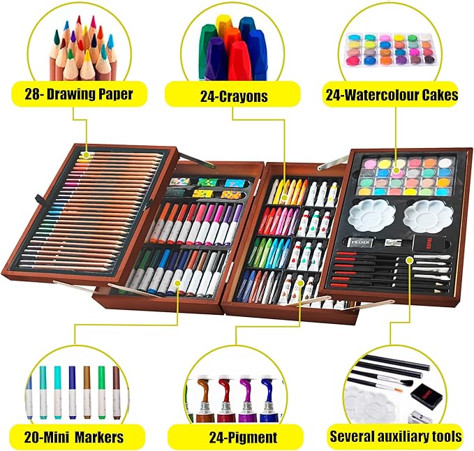 KINSPORY Art Supplies, 139 Pack Painting Drawing Art Kit with 2 Sketch Pads, Deluxe Double Layers Art Set Crafts, Colored Pencils, Oil Pastels, Watercolor Paints, Gift for Artists Kids (Brown)