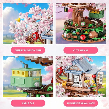 Cherry Blossom Treehouse Building Set for Girls 8-12, Compatible with Lego Friends, Flowers House Japanese Izakaya Shop Architecture Building Blocks with Light for Adults, Gift Toy for Kids (1098 PCS)