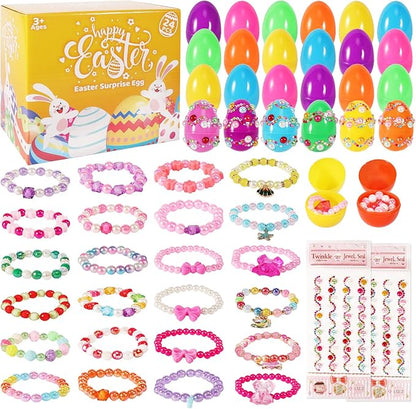 24 PCS Easter Eggs Prefilled with Bracelets, Easter Kids Basket Stuffer, Pre Plastic Easter Eggs Stuffers Easter Toys for Easter Eggs Hunt Game, Girls Easter Party Favor, Classroom Prize Supplies