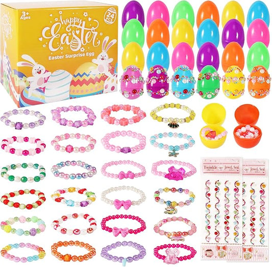 24 PCS Easter Eggs Prefilled with Bracelets, Easter Kids Basket Stuffer, Pre Plastic Easter Eggs Stuffers Easter Toys for Easter Eggs Hunt Game, Girls Easter Party Favor, Classroom Prize Supplies