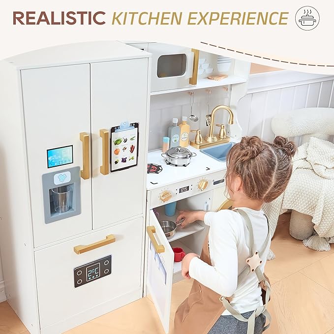 Kids Kitchen Playset with Realistic Design, Luxury Play Kitchen with Extended Storage Cabinets, Toy Kitchen for Toddlers with Coffee Counter, Cookware Accessories, Oven, Microwave (White)