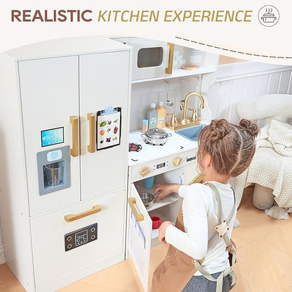 Kids Kitchen Playset with Realistic Design, Luxury Play Kitchen with Extended Storage Cabinets, Toy Kitchen for Toddlers with Coffee Counter, Cookware Accessories, Oven, Microwave (White)