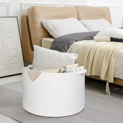 MEGASKET White Cotton Rope Storage Basket, 22" X 22" X 14" Extra Large Blanket Storage Living Room, XL Soft Toy Bin for Organizing, Woven Baby Laundry Basket with Handle, White Wicker Hamper Nursery