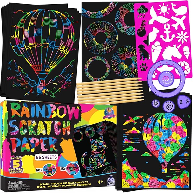 PURPLE LADYBUG Rainbow Scratch Art Paper, 79 PCS Creative Drawing Paper & Stencils - Arts and Crafts for Ages 4-12, Kids Craft Activity Set, Easter Basket Stuffers for Kids, Summer Wedding Activities