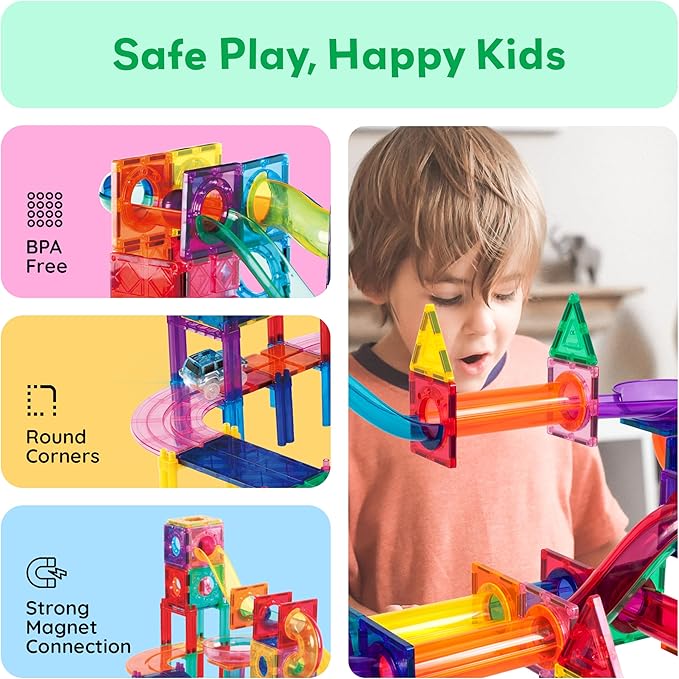 PicassoTiles 108pc 3-in-1 Marble Run Car Race Track Combo Magnetic Tiles PicassoToys Magnet Building Block Educational Construction Toy Playset STEM STEAM Learning Kit Child Brain Development PTG108