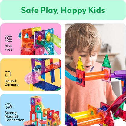 PicassoTiles 108pc 3-in-1 Marble Run Car Race Track Combo Magnetic Tiles PicassoToys Magnet Building Block Educational Construction Toy Playset STEM STEAM Learning Kit Child Brain Development PTG108