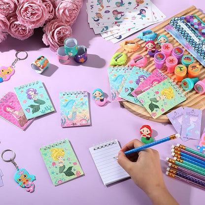 Colarr 161 Pcs Mermaid Party Favor Mermaid School Stationery Set Includes Gift Cup Notebook Pencil Sharpener Eraser Keychain Stamp Slap Bracelet Sticker Card for Mermaid Birthday Supplies
