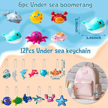 ANGOLIO Ocean Sea Animals Party Favor - 114Pcs Ocean Aniamls Toys Include Sea Animals Keychains Stickers Bracelet Cute Make A Face Stickers for Kids Ocean Themed Birthday Party Classroom Rewards