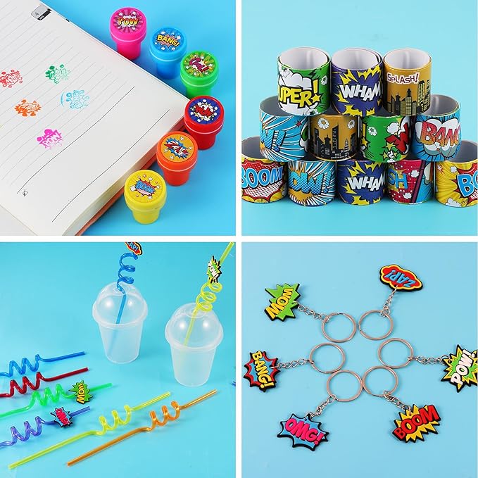 LiYiQ 122 Pcs Hero Party Favors with Hero Punch Balloons Reusable Drinking Straws Hero Slap Bracelets Keychains Stamps Stickers and Gift Bags for Kids Hero Birthday Party Supplies (Style 1)