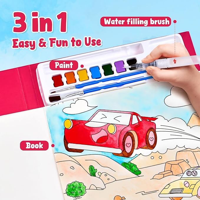 JoyCat Paint with Water Coloring Books for Toddlers, Watercolor Painting Sets for Kids Ages 3-5 4-8, Arts and Crafts Drawing Activities Toy Birthday Gifts for Boys Girls (Transportation)