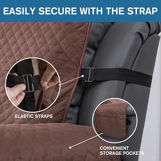 XINEAGE Water Resistant Recliner Cover, Nonslip Recliner Chair Covers for Reclining Chair with Pockets, Quilted Thick Recliner Slipcovers for Pets and Kids (Recliner Chair, Coffee)