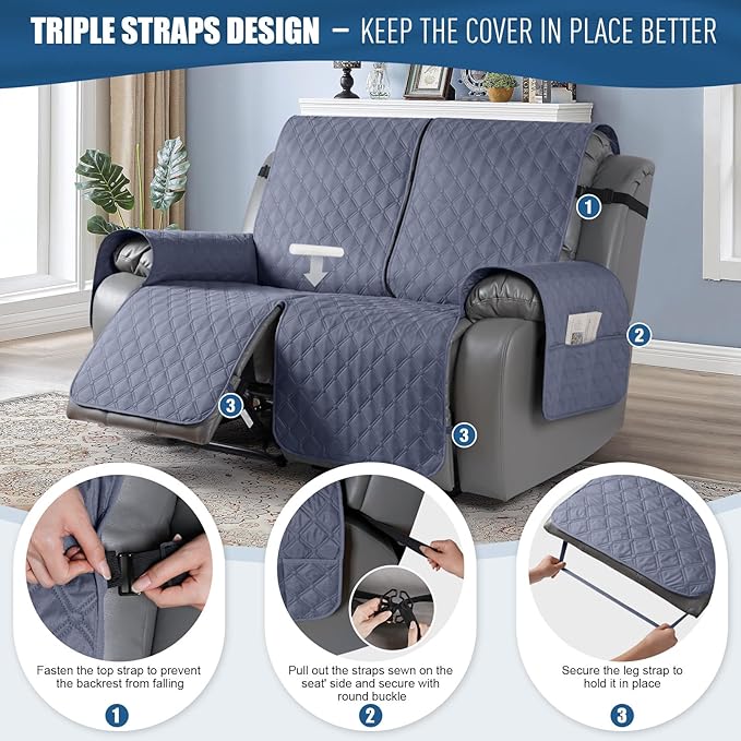 TAOCOCO 100% Waterproof Recliner Covers, Recliner Sofa Covers with Leg Straps, Reversible Recliner Couch Cover for Reclining Chair, Washable Couch Protector for Pets Kids(2 Seater, Bluish Gray)