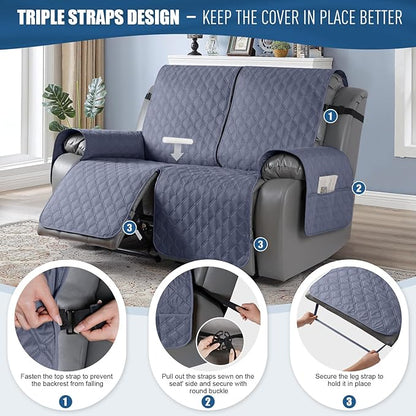 TAOCOCO 100% Waterproof Recliner Covers, Recliner Sofa Covers with Leg Straps, Reversible Recliner Couch Cover for Reclining Chair, Washable Couch Protector for Pets Kids(2 Seater, Bluish Gray)