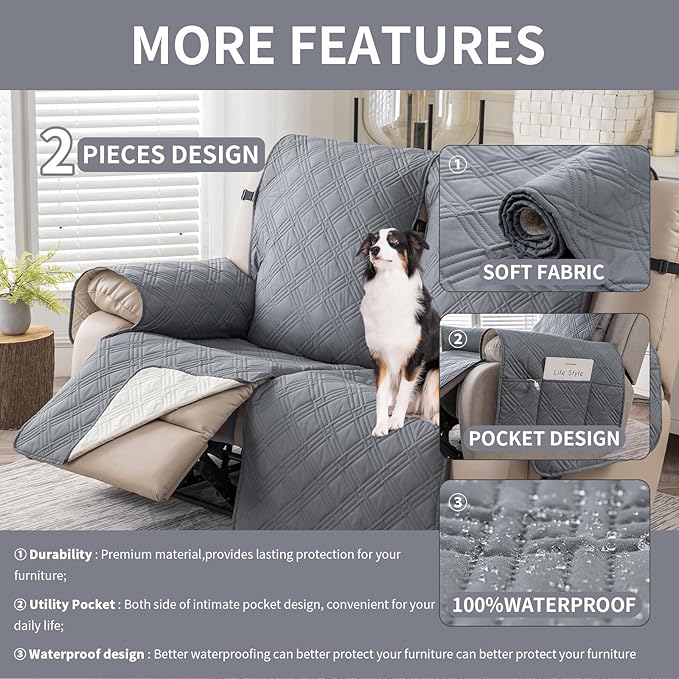 Easehomey Waterproof Loveseat Recliner Cover,Non Slip Reclining Couch Covers for 2 Seat,Dog Chair Cover Furniture Protector Washable Chair Cover with Pocket for Kids,Pets,Dogs(Light Gray,2Seat)
