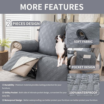 Easehomey Waterproof Loveseat Recliner Cover,Non Slip Reclining Couch Covers for 2 Seat,Dog Chair Cover Furniture Protector Washable Chair Cover with Pocket for Kids,Pets,Dogs(Light Gray,2Seat)