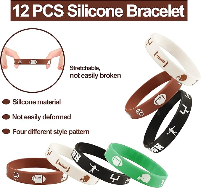 Football Party Favor Set 108 Pcs Rugby Rubber Treat Box Stickers Silicone Bracelet Tattoo Stickers Key Buckle Prefect for Football Theme Party and Birthday Party Supplies Decorations