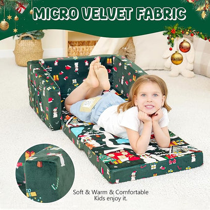 MallBest 2-in-1 Kids Christmas Sofa, Comfy Toddler Couch Bed, Baby's Upholstered Chair Sleepover Kid Couch Flipout Open Recliner for Bedroom