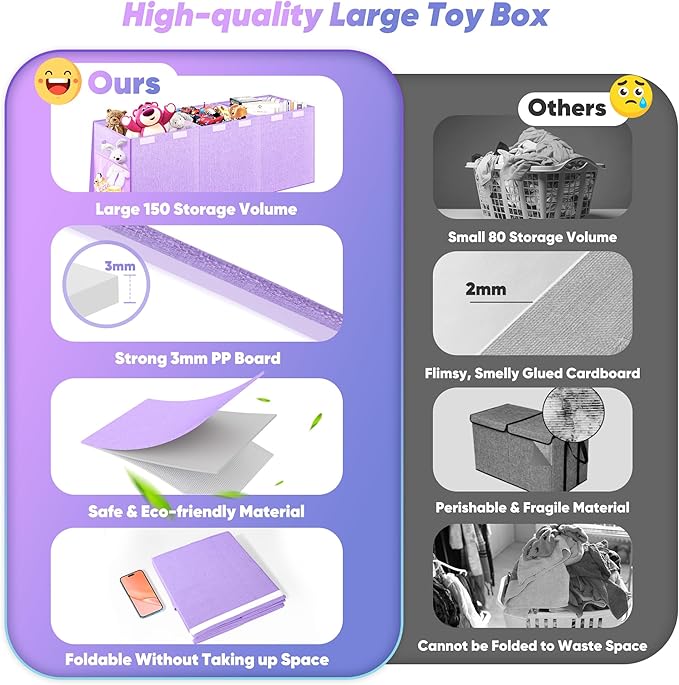 Mabahoo Extra Large Toy Box, Toy Chest for Kids Boys Girls, Collapsible Sturdy Storage Organizer with Mesh Pockets, 40"x14"x16" Kids Box Bins Baskets for Nursery, Playroom, Purple