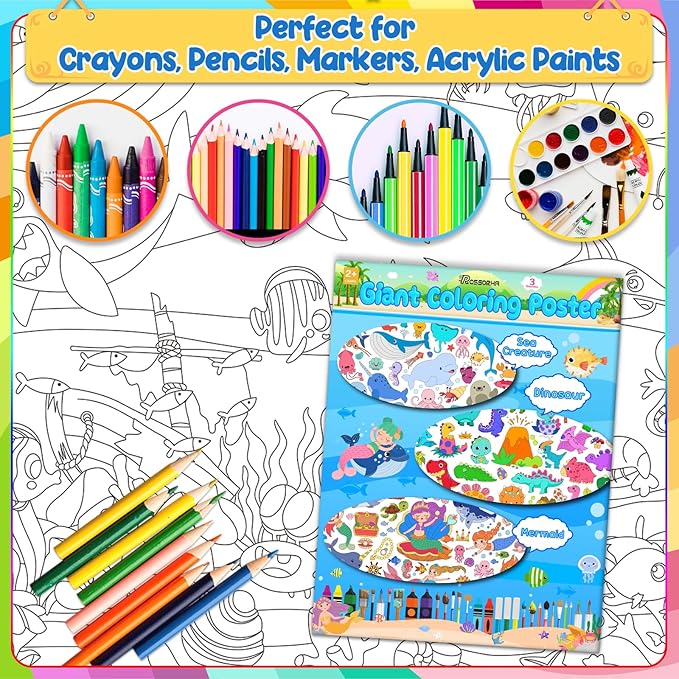 3Pack Giant Coloring Poster, Large Coloring Poster for Kids, Dinosaur, Mermaid, and Sea Animal Huge Big Coloring Page Craft with for Classroom Home Coloring Activities Birthday Gifts Party Favors