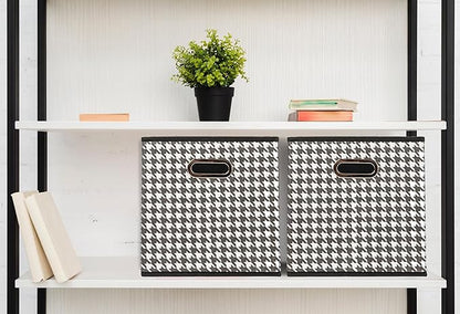 Household Essentials Foldable Fabric Storage Cubes 6-Pack – 11x11x11 Stackable Non-Woven Bins with Chipboard Sides & Grommet Handles – Closet, Shelf, Nursery, or Office Organizer – Houndstooth
