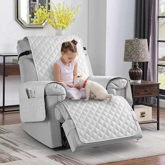 TAOCOCO Waterproof Recliner Chair Covers with Leg Strap 1 Piece Recliner Covers for Recliner Chair for Pets Kids, Washable Reclining Chair Cover Furniture Protector with Straps (23'' Small, Off White)