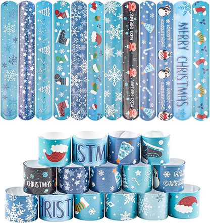KIMOBER 48PCS Christmas Slap Bracelets,Assorted Snap Wristbands with Xmas Elements for Kids Party Favors