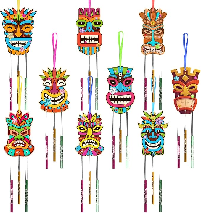 Fennoral 9 Pack Wind Chime Kit for Kids Make Your Own Tiki Wind Chime Wooden Arts and Crafts for Girls Boys DIY Coloring Hawaii Craft for Hawaii Summer Aloha Party Supplies Luau Party Decoration