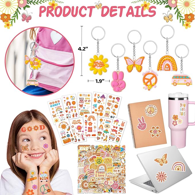120PCS Groovy Party Favors,Includes Bus Boxes Retro Flower Sunglasses Temporary Tattoos Stickers Slap Bracelets Keychains Plastic Straws Silicone Bracelets For Boho Hippie Birthday Party