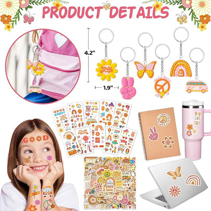 120PCS Groovy Party Favors,Includes Bus Boxes Retro Flower Sunglasses Temporary Tattoos Stickers Slap Bracelets Keychains Plastic Straws Silicone Bracelets For Boho Hippie Birthday Party