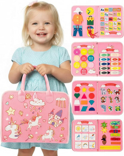 Busy Board for 1 Year Old, Busy Book for Toddlers 1-3, 2 Year Old Girl Toys, Montessori Toys for 1 Year Old, Educational Sensory Activities, Learning Fine Motor Skills Travel Toy for Girls(Pink)
