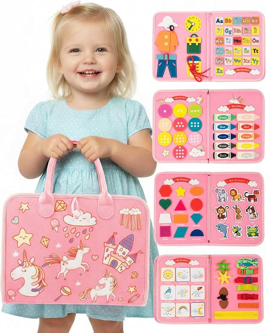 Busy Board for 1 Year Old, Busy Book for Toddlers 1-3, 2 Year Old Girl Toys, Montessori Toys for 1 Year Old, Educational Sensory Activities, Learning Fine Motor Skills Travel Toy for Girls(Pink)