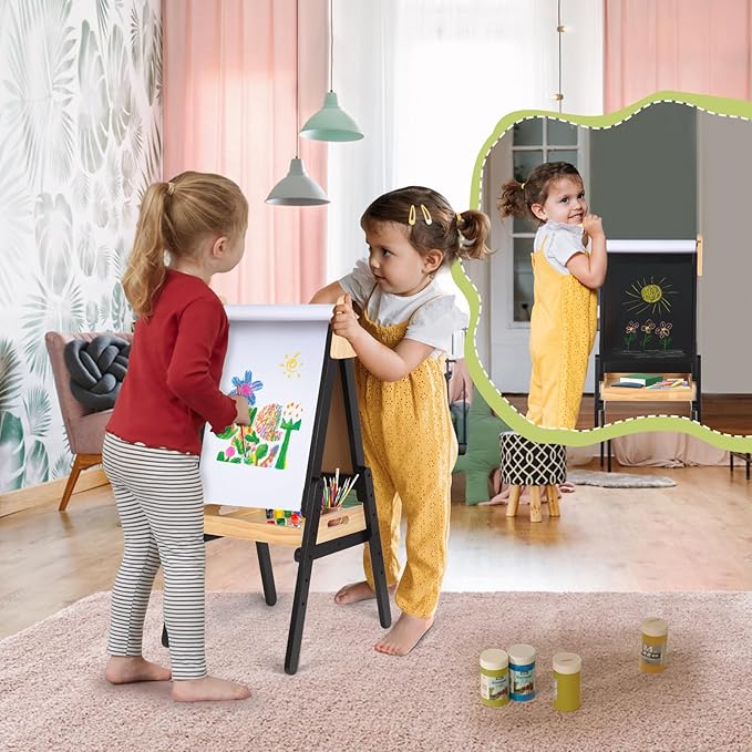 3 in 1 Easel for Kids with Wood Tray Double Sided Kids Easel with Paper Roll,Magnetic Chalkboard & White Board Height Adjustable Painting Standing Easel for Toddlers Childrens 2+ (Black)