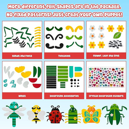 WATINC 6Pcs Hand Puppet Making Kit, Art Craft Felt Sock Puppet Toys, Creative DIY Make Your Own Pompoms Wiggle Googly Eyes Storytelling Role Play Party Supplies Gift for Girls Boys (Insect)
